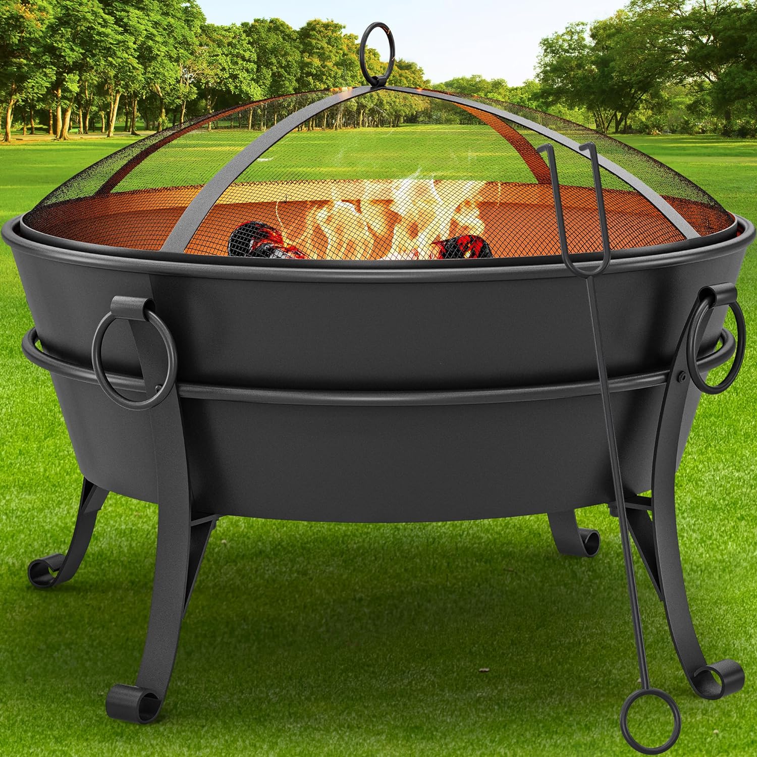 Outdoor Cauldron Fire Pits With Round Screen, And BuiltIn Grate, Wood