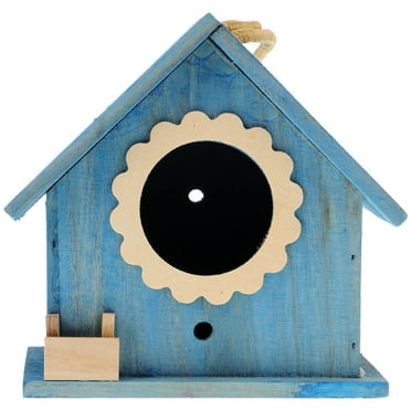 Outdoor Cedar Bird House for Hanging Garden Decor with Water Drinker - Blue