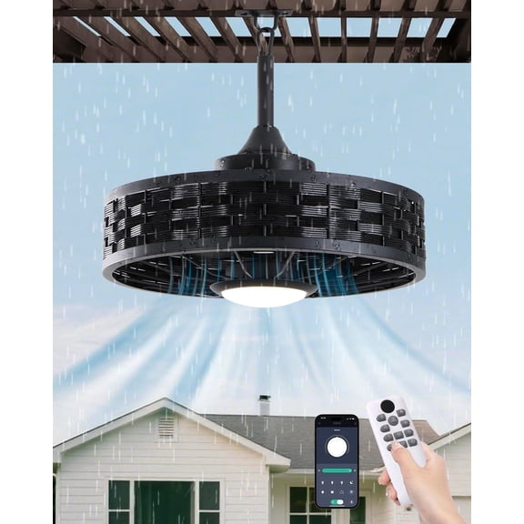 RRBEST Outdoor Ceiling Fans with Light for Patios, 20" Weatherproof Gazebo with Hanging Hook, Remote Control & APP, 6 Speeds, 3CCT, Caged Plug for Patio（Black）