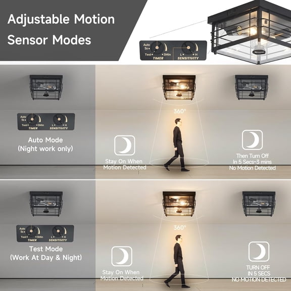 Outdoor Ceiling Light with Motion Sensor Flush Mount Farm House Porch Light Ceiling Mount Adjustable 3 Modes Squares for , Porch, Garage (Black-Square)
