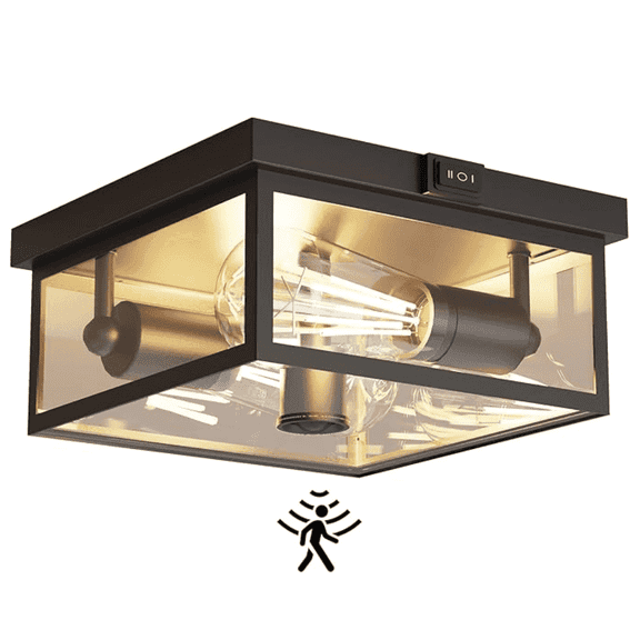 Outdoor Ceiling Light with Motion Sensor, Flush Mount Porch Light, Exterior Light Fixture with Clear Glass, Dusk to Dawn 2-Light Fixture for Patio,Porch (10.5 in)