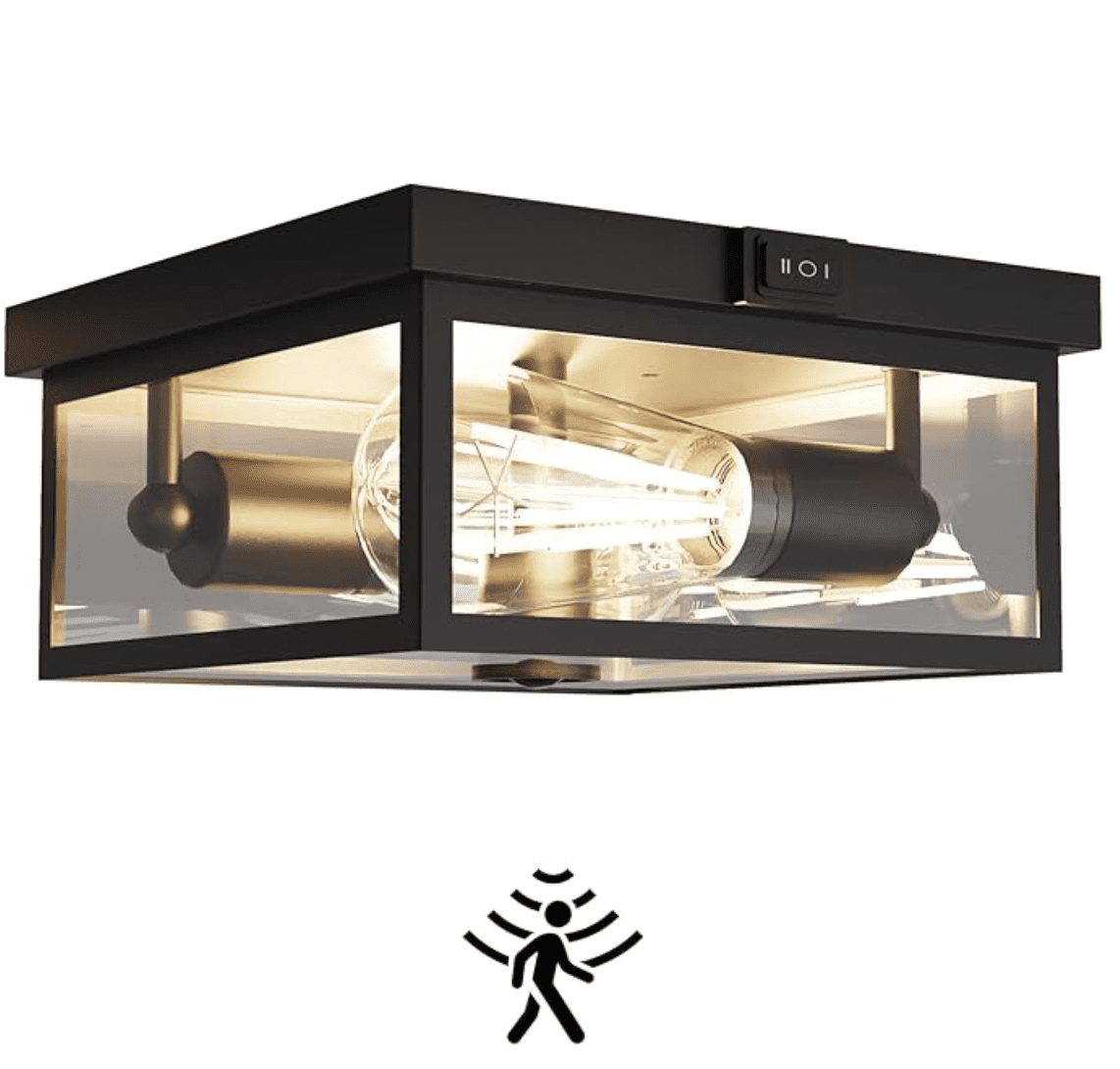 Outdoor Ceiling Light with Motion Sensor, Flush Mount Porch Light, Exterior Light Fixture with Clear Glass, Dusk to Dawn 2-Light Fixture for Patio,Porch (8.5 in)