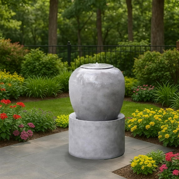 Outdoor Cement Fountain: Modern Urn Design Antique Gray Garden Decor with Soothing Water Flow for Suburban Estates