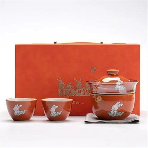 Outdoor Ceramic Quick Cup Rabbit Year Gifts Front Rabbit Brilliant Travel Tea Set Glass Cover Bowl Tea Maker Tea Pot Portable