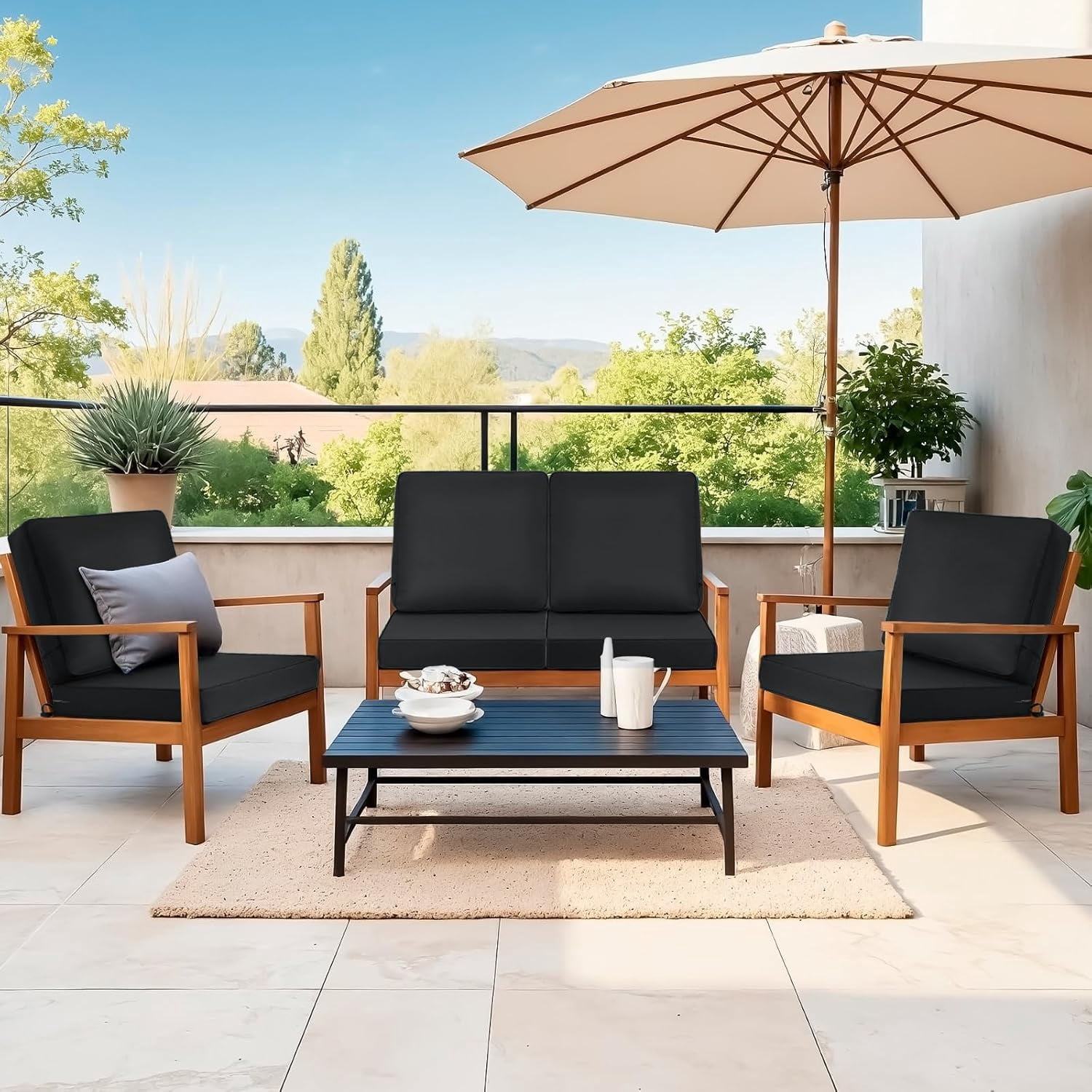Outdoor Chair Cushion Set 24x24in Waterproof Fade Resistant  Furniture Seat Back Cushions 6.5 Thickened Memory Foam Black