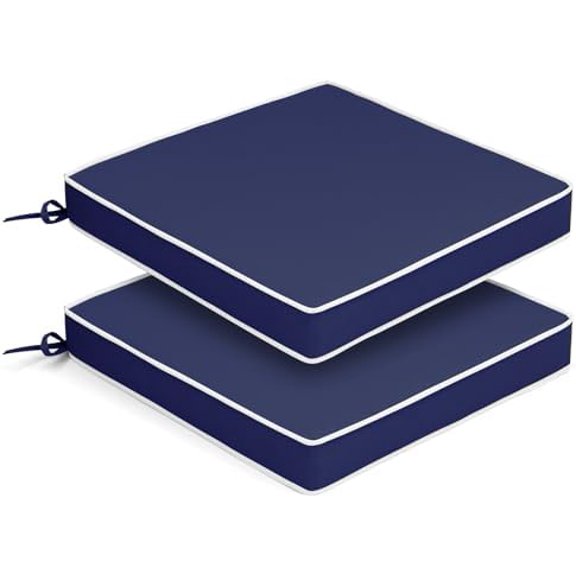 Outdoor Chair Cushions Set of 2, 17W x17D x2.5T Patio Chair Cushion Set with 30D Foam and Straps, Waterproof and Fade Resistant Patio Furniture Cushions Replacement, Navy