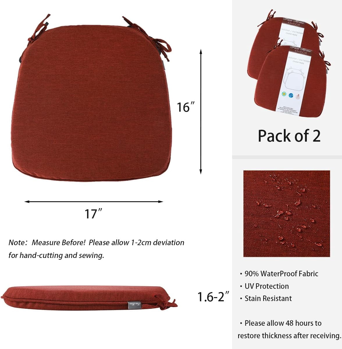 Outdoor Chair Cushions Set of 2, 17x16x2 Inch U-Shaped  Seat Pads with Invisible Zipper, Water Resistant Fade-Resistant Dining Chair Cushion for Garden Furniture (Dark Red)
