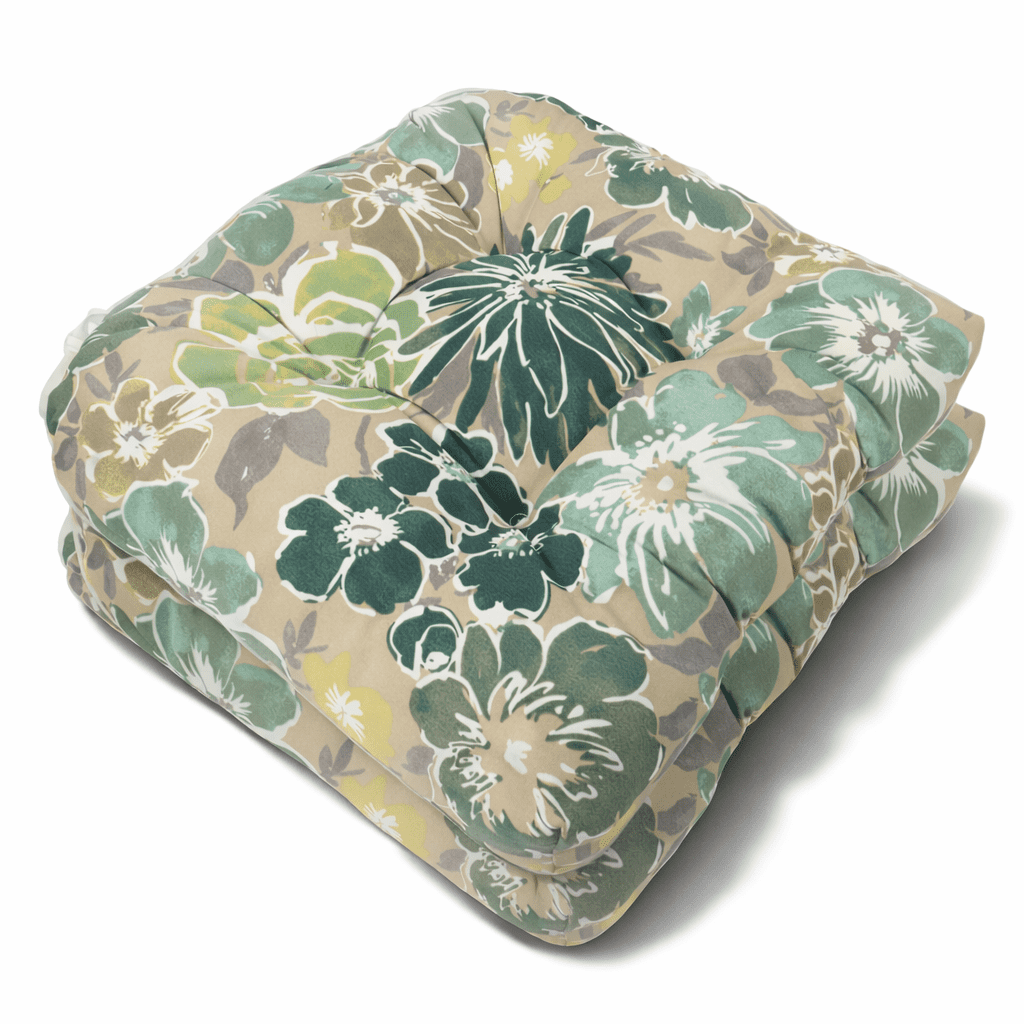 Outdoor Chair Cushions Set of 2, 19x19x4 Inch Tufted Seat Cushions with Ties, Waterproof Patio Chair Pads for Dining Chairs, Garden & Outdoor Furniture - Emerald Green Floral