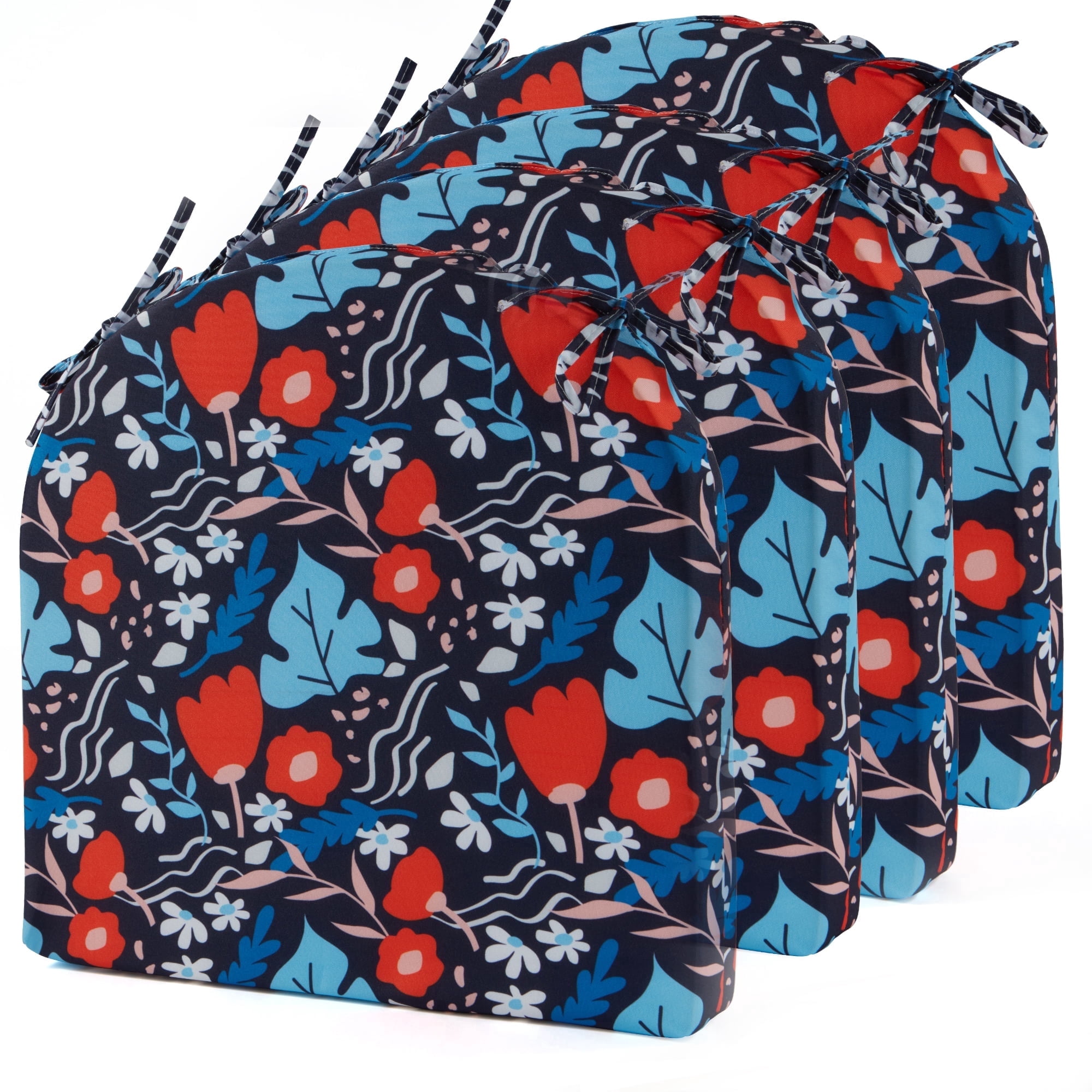 Outdoor Chair Cushions Set of 4, Outdoor Seat Cushion Pads for Patio Furniture, 4 Packs U-Shape Round Corner Patio Chair Cushions High Density Sponge Chair Pads with Ties,17"*16"*2", Blue/Flower