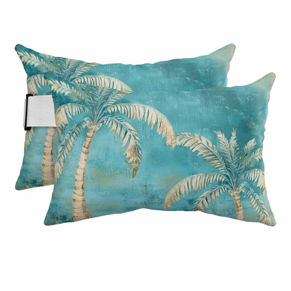 Outdoor Chair Pillow Headrest for Patio Pool Chaise Lounge, Coastal Beach Palm Tree Recliner Head Pillow, Retro Teal Tropical Plant Summer Waterproof Neck Lumbar Pillows & Insert 11x16x2pcs