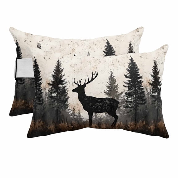 Outdoor Chair Pillow Headrest for Patio Pool Chaise Lounge, Forest Elk Recliner Head Pillow, Rustic Nature Tree Retro Deer Silhouette Waterproof Pillowcases Neck Lumbar Pillows & Insert 11x16x2pcs