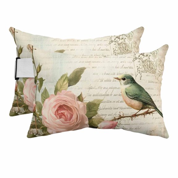 Outdoor Chair Pillow Headrest for Patio Pool Chaise Lounge, Pink Floral Recliner Head Pillow, Bird Branch Vintage Mottled Middle Century Waterproof Pillowcases Neck Lumbar Pillows & Insert 12x20x2pcs
