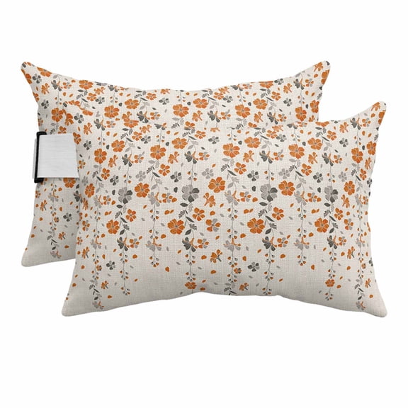 Outdoor Chair Pillow Headrest for Patio Pool Chaise Lounge, Weeping Flowers Recliner Head Pillow, Orange Grey Spring Floral Botanical Rustic Burlap Waterproof Neck Lumbar Pillows & Insert 11x16x2pcs