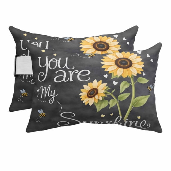 Outdoor Chair Pillow Headrest for Patio Pool Chaise Lounge, You Are My Sunshine Recliner Head Pillow, Yellow Sunflowers Cute Bees Heart Dark Gray Waterproof Neck Lumbar Pillows & Insert 11x16x2pcs