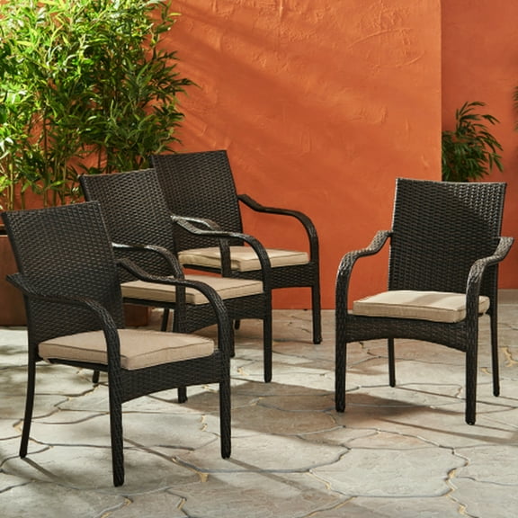 Outdoor Chairs (4) - Stackable, Resin, Brown, Iron Frame, Water-, Curved , For Space Cushions Included, Garden Entertainment