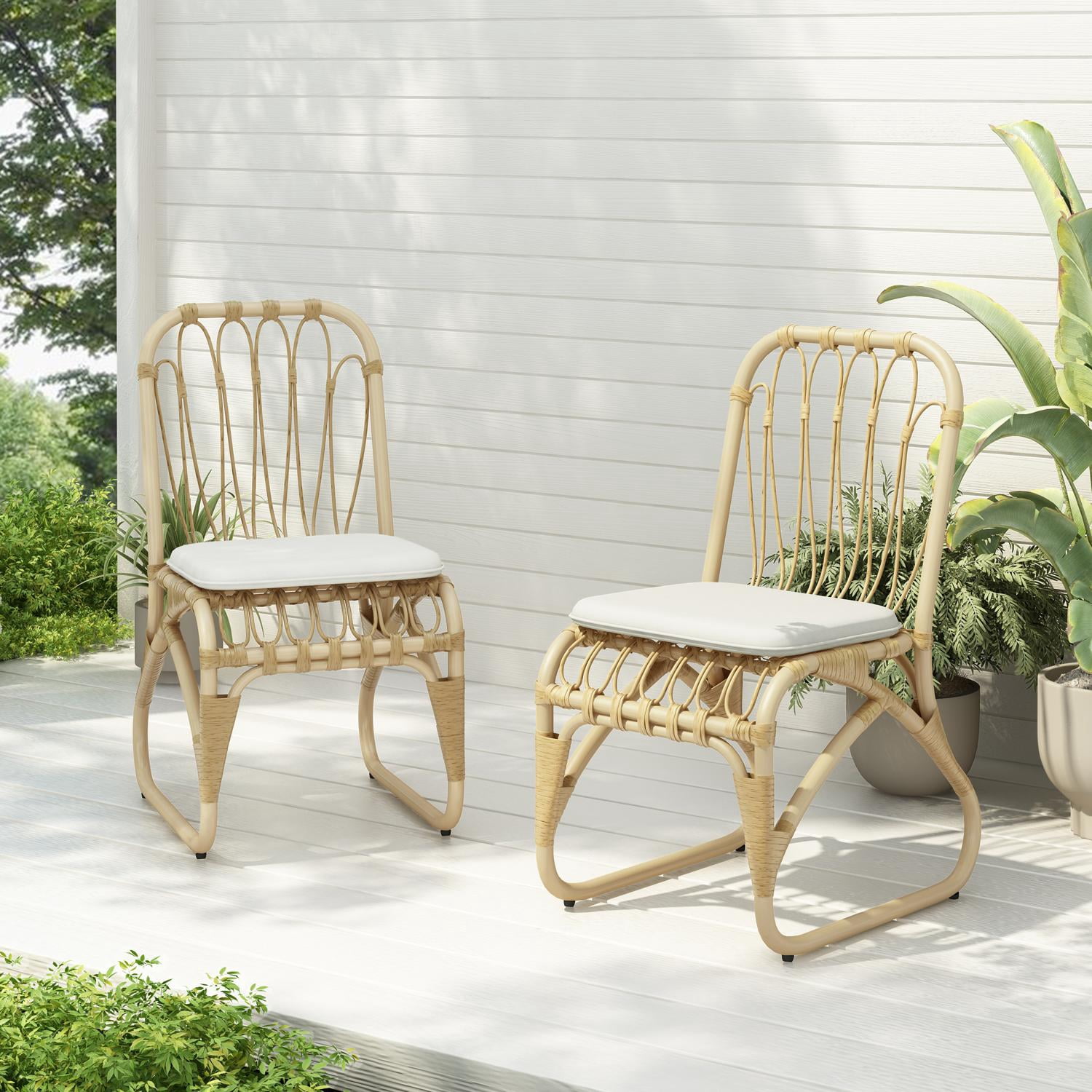 Outdoor Chairs, Patio Chairs, Dining Chairs Set of 2, PE Wicker Rattan Chairs with Washable Cushions and Adjustable Foot Pads, Iron Frame, for Garden and Poolside, Natural and Yellow