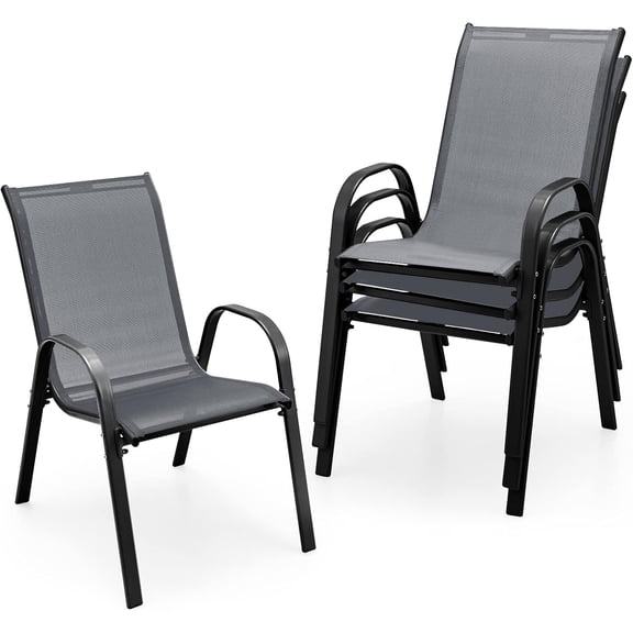 Outdoor Chairs Set of 4, Stackable Patio Chairs with Armrests & Breathable Seat Fabric, Patio Dining Chairs Set for Outside, Porch, Poolside & Backyard (Gray)