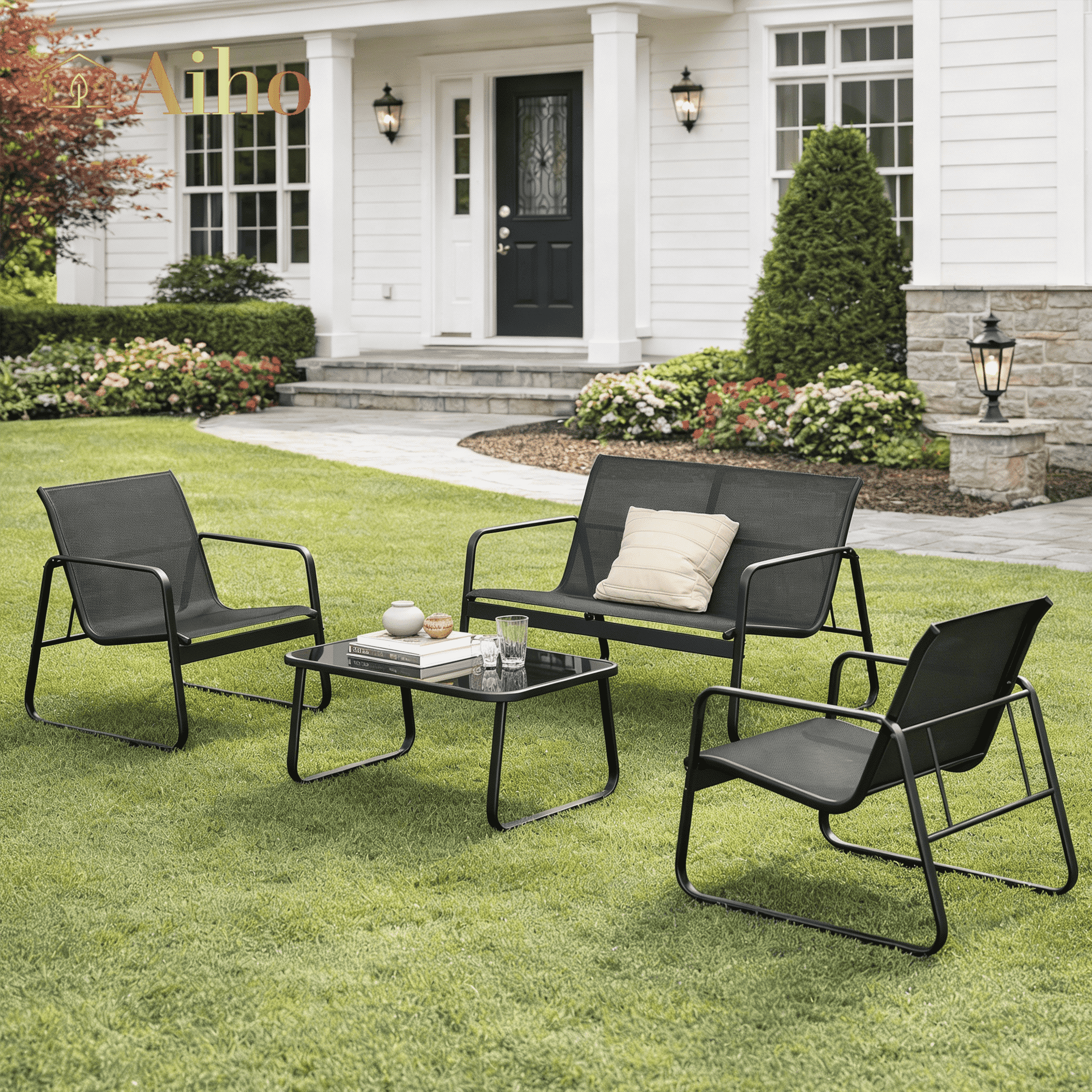 Outdoor Chairs Set of 4, Aiho All Weather Textilene Patio Furniture Set with Grass Top Table, Perfect for Yard, Poolside, Lawn, Black