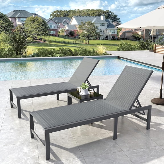 Outdoor Chaise Chairs & Table 3 Pieces Pool Lounge Chair, Adjustable Poolside Sunloungers Lay Flat Sunbathing Chaise with Backrest for Patio, Beach, Yard, Pool