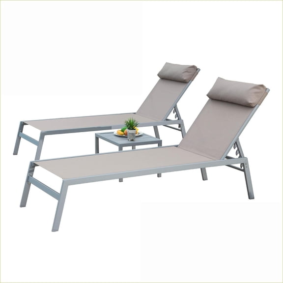 Outdoor Chaise Lounge 3-Piece Set, 5 Adjustable Positions for Pool, Deck, Backyard Sunbathing | Khaki | Aluminum