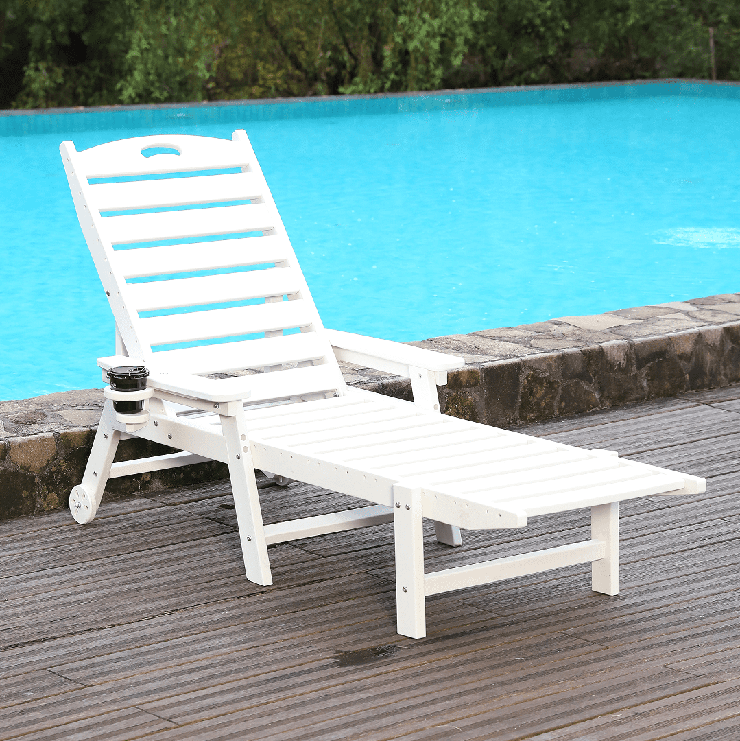 Outdoor Chaise Lounge, 4 Position Adjustable Recliner for Poolside Garden Patio Backyard, White