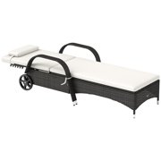 Outdoor Chaise Lounge, 5-Level Adjustable Backrest Rattan Pool Lounge Chair with Wheels, Cushion & Headrest, Cream