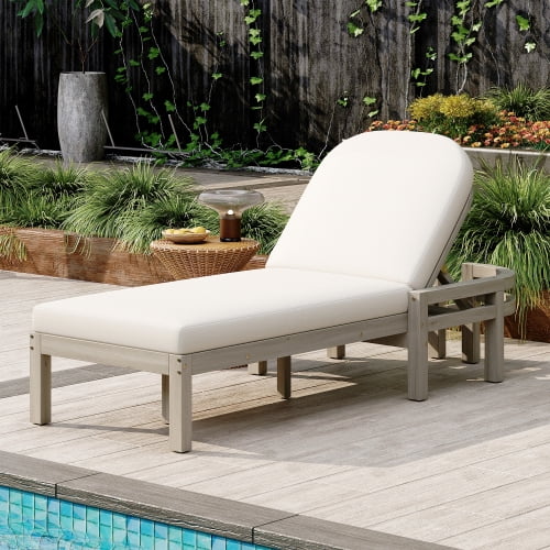 Outdoor Chaise Lounge with 5-Position Adjustable Backrest, Premium Acacia Wood Patio Recliner, Thick Weather-Resistant Cushion, Arched Backrest for Poolside, Backyard, Deck, Gray