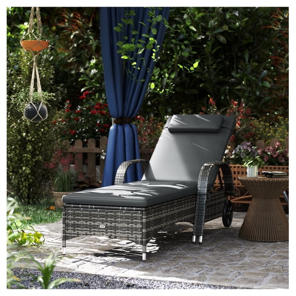 Outdoor Chaise Lounge 5-Position Adjustable Rattan Pool Lounge Chair with Wheels, Gray