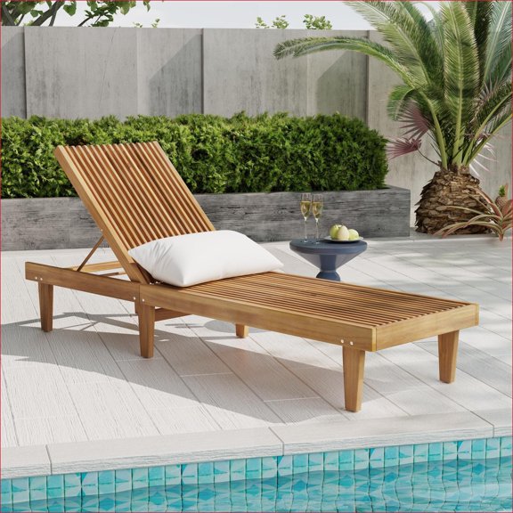 Outdoor Chaise Lounge, Adjustable Modern Wooden Lounge Chair for Patio Poolside, Tan Brown | Acacia Wood | Solid Back