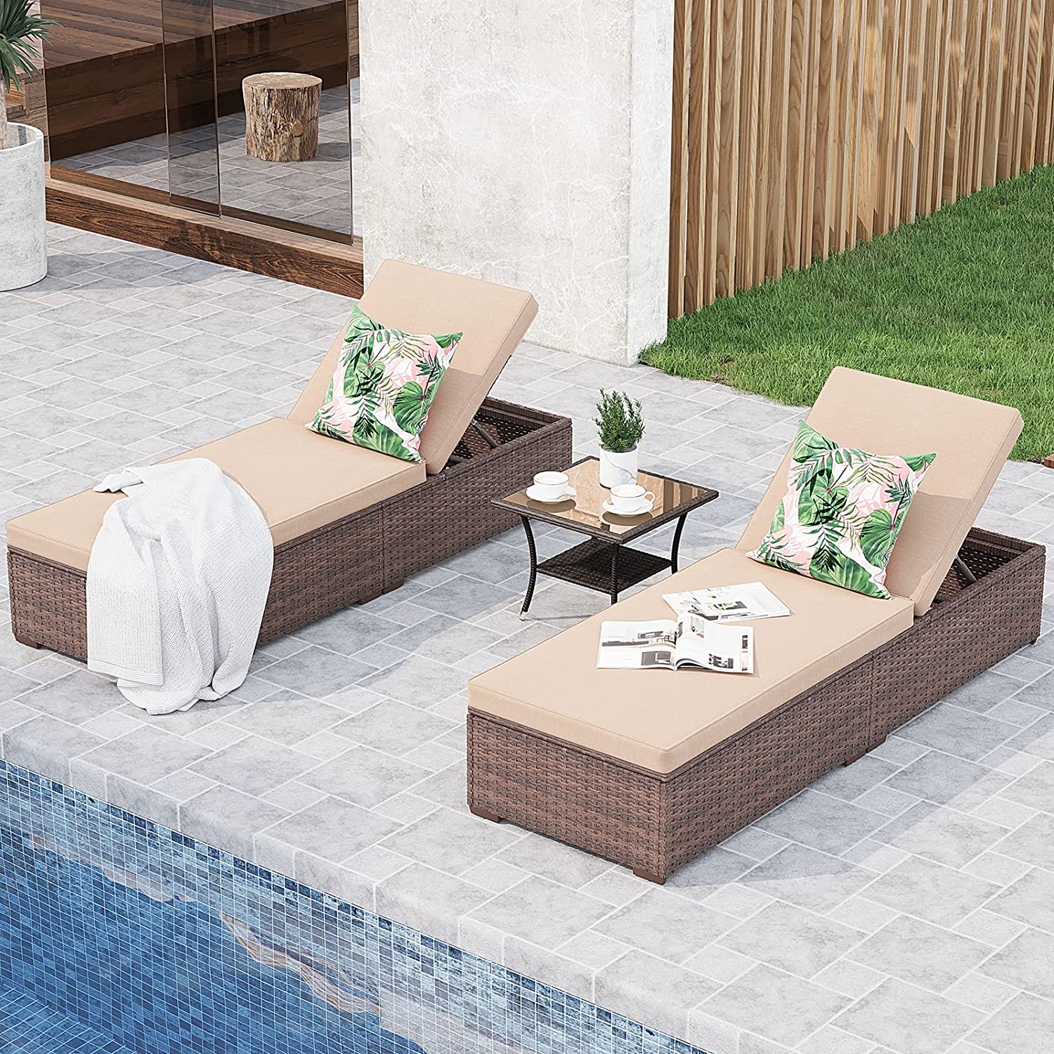 Outdoor Chaise Lounge Chair, 3 Piece Patio Reclining Sun Lounger with Coffee Table, All Weather PE Rattan Adjustable Lounge Chair, Patio Pool Lounge Chairs with Removable Cushion, Beige - image 1 of 7