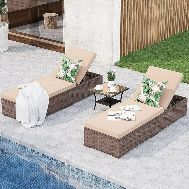 Outdoor Chaise Lounge Chair, 3 Piece Patio Reclining Sun Lounger with Coffee Table, All Weather PE Rattan Adjustable Lounge Chair, Patio Pool Lounge Chairs with Removable Cushion, Beige