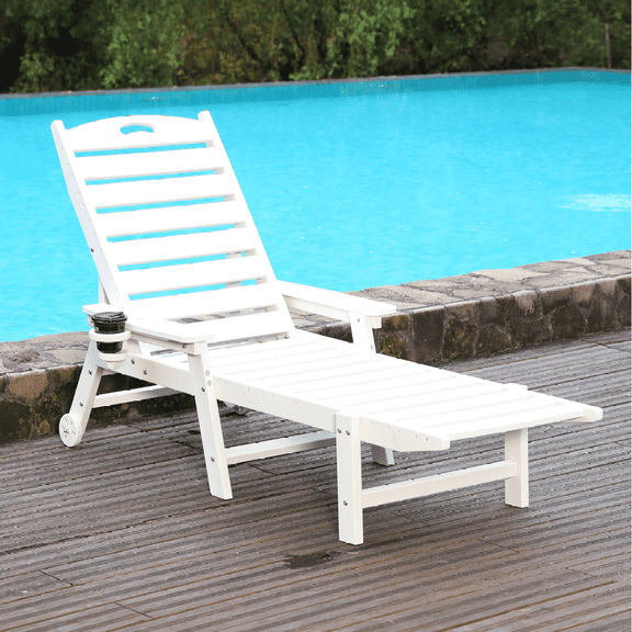 Outdoor Chaise Lounge Chair 4 Position Adjustable Backrest Pool Lounge Supports Up to 360 LBS for Patio Poolside Deck Beach Backyard White