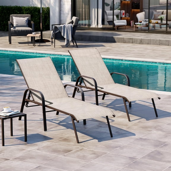 Outdoor Chaise Lounge Chair,5-Position Pool Lounge Chairs with Armrests Sunbathing Recliner for Patio,Beach,Deck,Yard (2PC Beige)