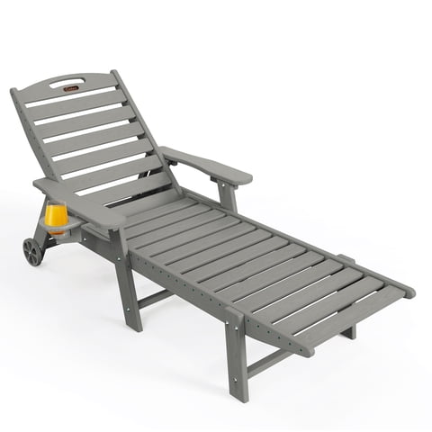 Outdoor Chaise Lounge Chair, 5 Positions Adjustable Lounge Chairs with Wheels & Cup Holder, HDPE Poo lLounge Chair for Poolside, Patio, Classic Gray