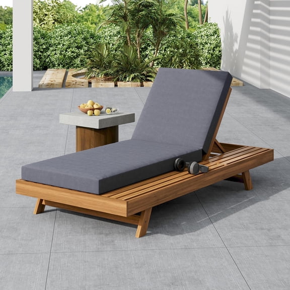Outdoor Chaise Lounge Chair, Adjustable Acacia Wood Teak Finish with Dark Gray 4 Cushion for Pool/Terrace | Dark Gray | Teak