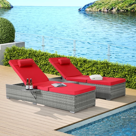 Outdoor Chaise Lounge Chair Set, 2pcs Rattan Outdoor Lounge Chairs for Outside with Folding Tray, Outdoor Lounger Recliner with Cushions for Patio, Poolside, Garden