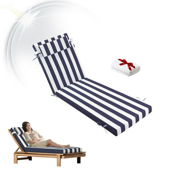 Outdoor Chaise Lounge Chair Cushion, Replacement Cushions For Patio Furniture, Waterproof Pool Chair Cushions With Headres, Fade Resistant Sun Lounger Cushions(1pc Navy and white)