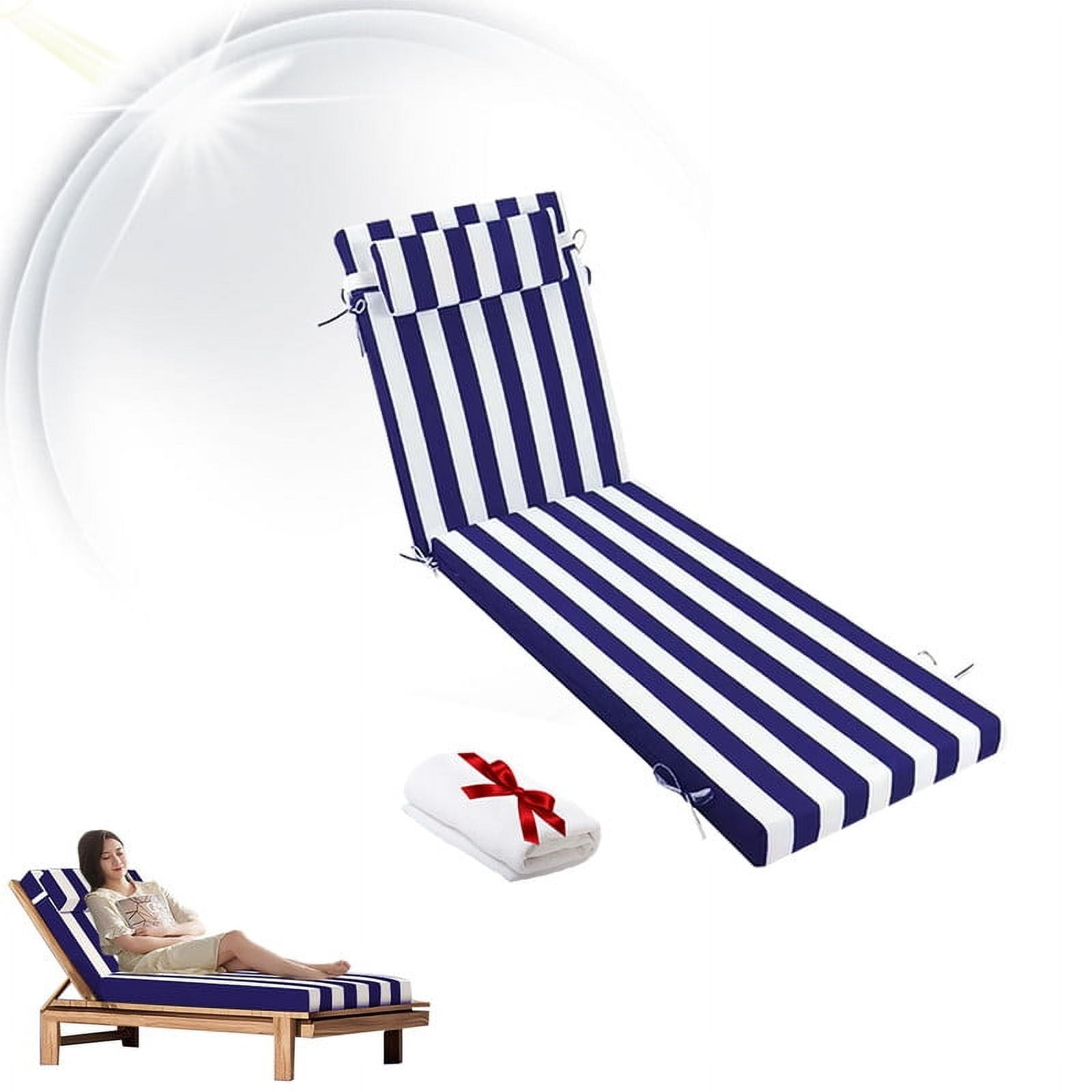 Outdoor Chaise Lounge Chair Cushion, Replacement Cushions For Patio Furniture, Waterproof Pool Chair Cushions With Headres, Fade Resistant Sun Lounger Cushions（1pc Blue and white）
