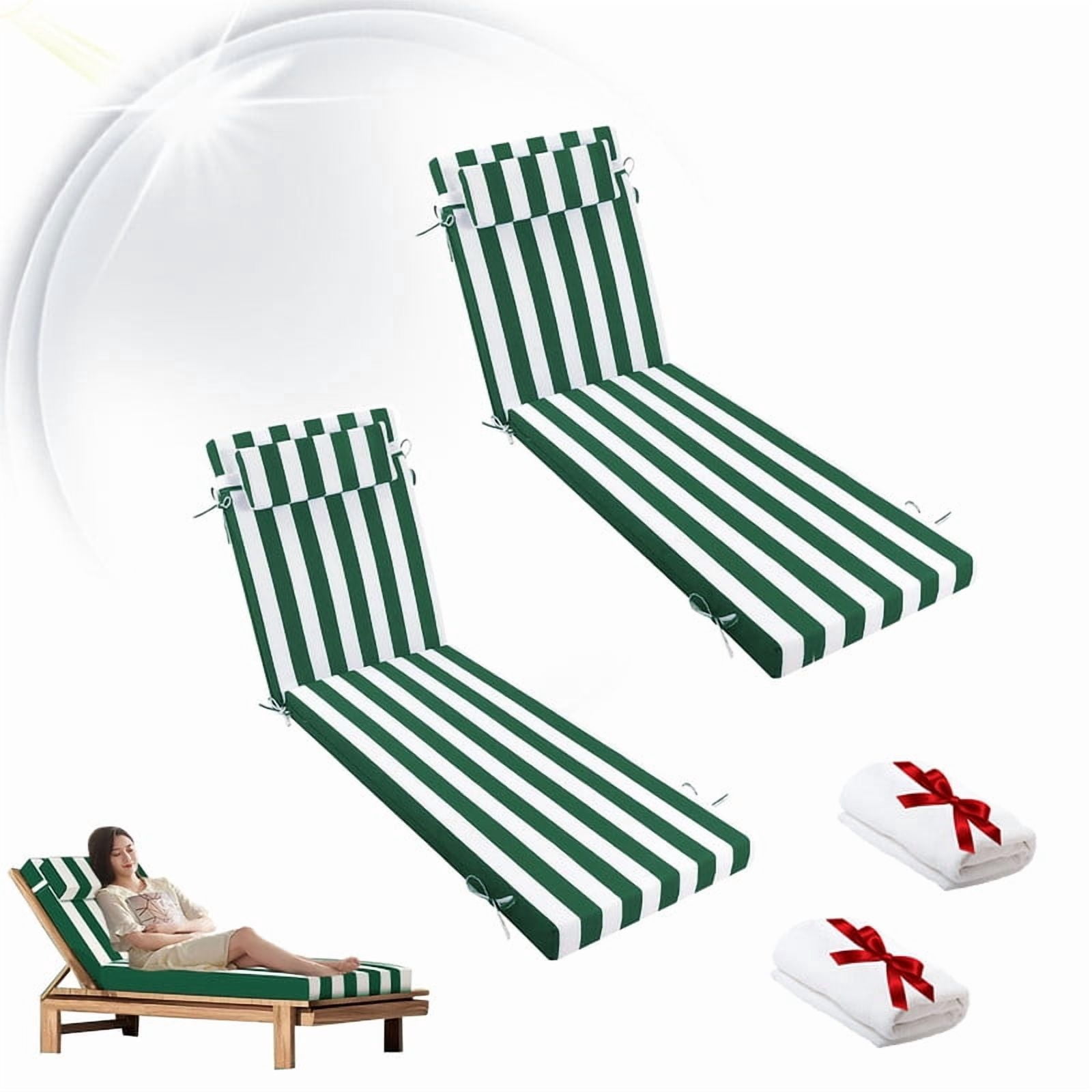 Outdoor Chaise Lounge Chair Cushion, Replacement Cushions For Patio Furniture, Waterproof Pool Chair Cushions With Headres, Fade Resistant Sun Lounger Cushions（2pc Green and white）