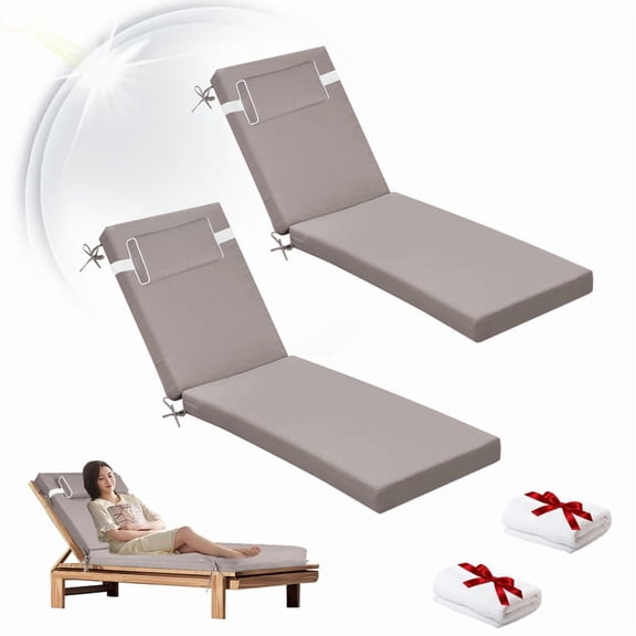 Outdoor Chaise Lounge Chair Cushion, Replacement Cushions For Patio Furniture, Waterproof Pool Chair Cushions With Headres, Fade Resistant Sun Lounger Cushions(2pc Khaki)