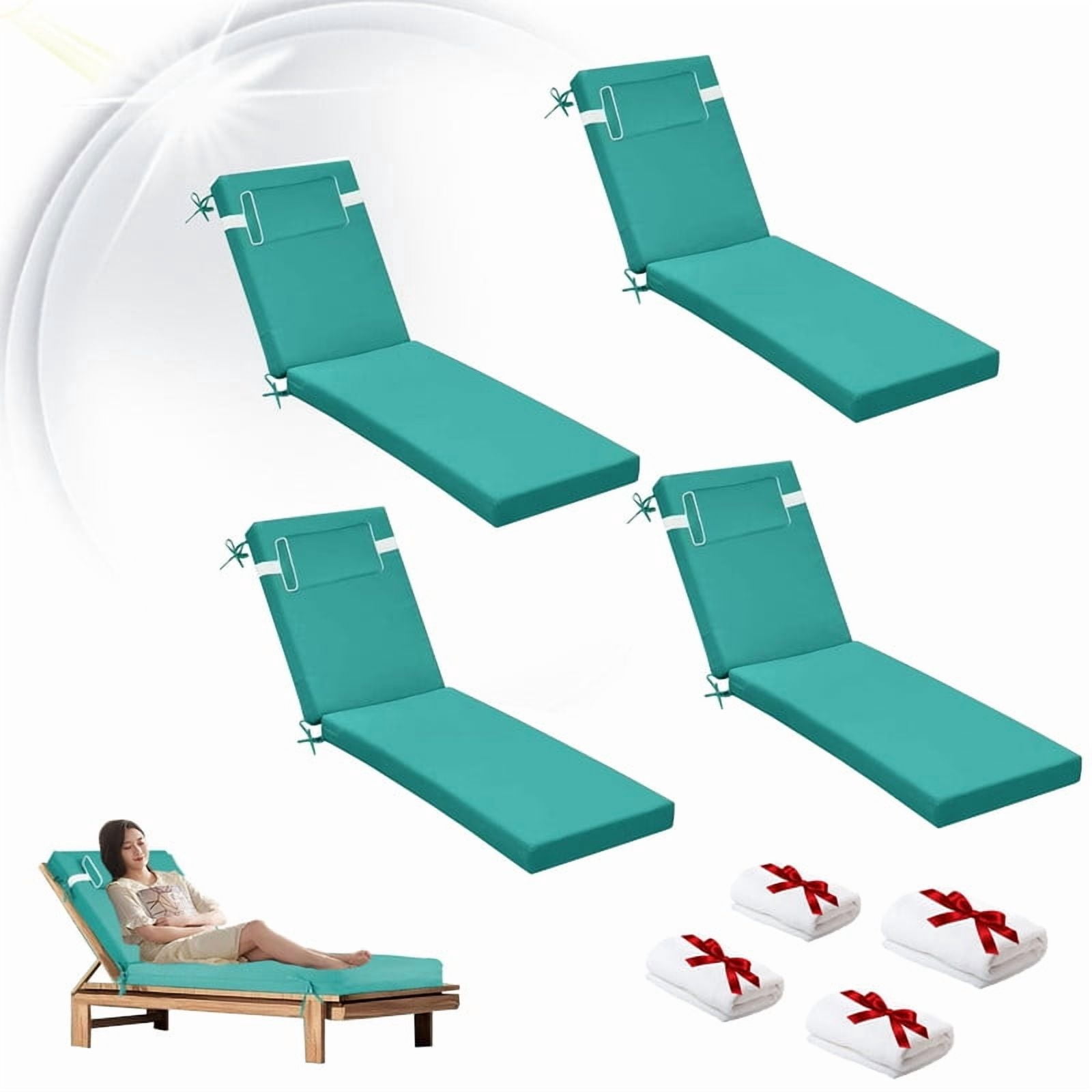 Outdoor Chaise Lounge Chair Cushion, Replacement Cushions For Patio Furniture, Waterproof Pool Chair Cushions With Headres, Fade Resistant Sun Lounger Cushions（4pc Lake blue）