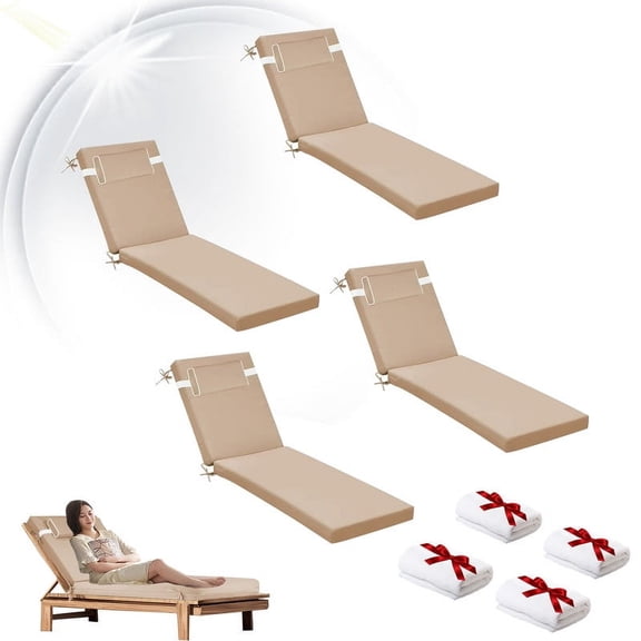 Outdoor Chaise Lounge Chair Cushion, Replacement Cushions For Patio Furniture, Waterproof Pool Chair Cushions With Headres, Fade Resistant Sun Lounger Cushions（4PC Beige ）