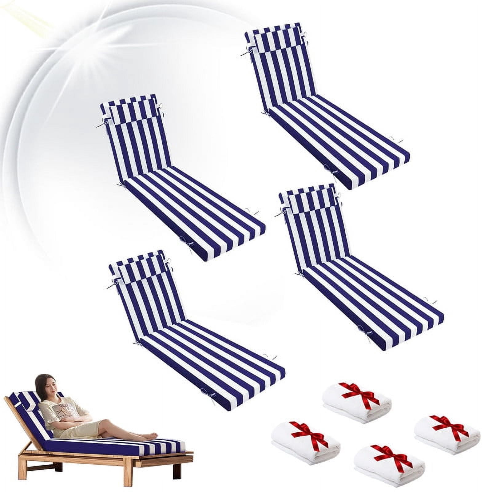 Outdoor Chaise Lounge Chair Cushion, Replacement Cushions For Patio Furniture, Waterproof Pool Chair Cushions With Headres, Fade Resistant Sun Lounger Cushions（4pc Blue and white）