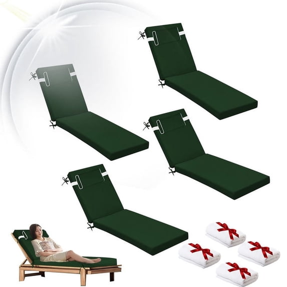 Outdoor Chaise Lounge Chair Cushion, Replacement Cushions For Patio Furniture, Waterproof Pool Chair Cushions With Headres, Fade Resistant Sun Lounger Cushions(4pc Ink green)