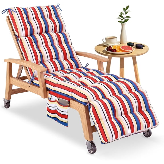 Outdoor Chaise Lounge Chair Cushion with Ties, 74.4" x 22.8" x 4.7"Waterproof Patio Cushion, Thickened Cotton Lounge Pad with Pocket for Pool & Outdoor Furniture, Striped Blue Red