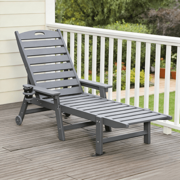 Outdoor Chaise Lounge Chair, Pool Lounge Chair with Adjustable Backrest, Heavy Duty HDPE Patio Recliner with Wheels for Patio Poolside