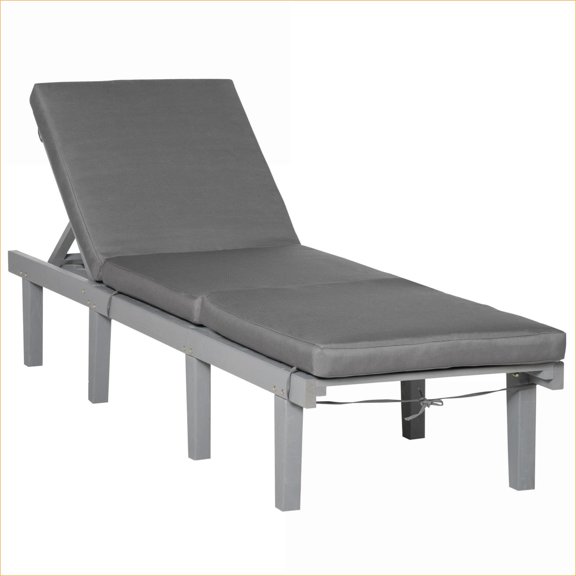 Outdoor Chaise Lounge Chair, Rustic Solid Pine, 4-Position Adjustable Backrest, for Patio Deck Beach Sunbathing, Light Gray |Grey|Polyester