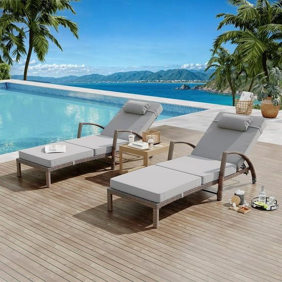 Outdoor Chaise Lounge Chair Set of 2, 5-Position Adjustable Backrest Patio Pool Lounger with Arm, Cushion and Pillow, All Weather Rattan Recliner for Beach, Yard, Poolside