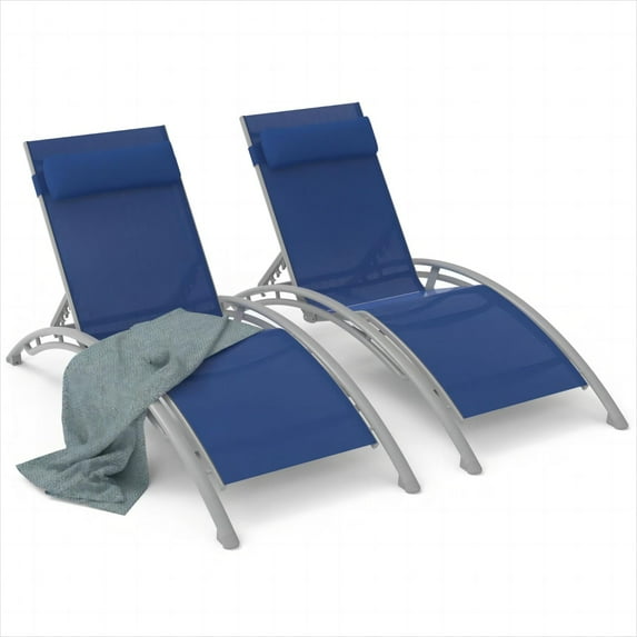 Outdoor Chaise Lounge Chair Set of 2, Patio Recliner Chairs with Adjustable Backrest and Removable Pillow, Tanning Chair for Beach, Pool, Sunbathing, Blue