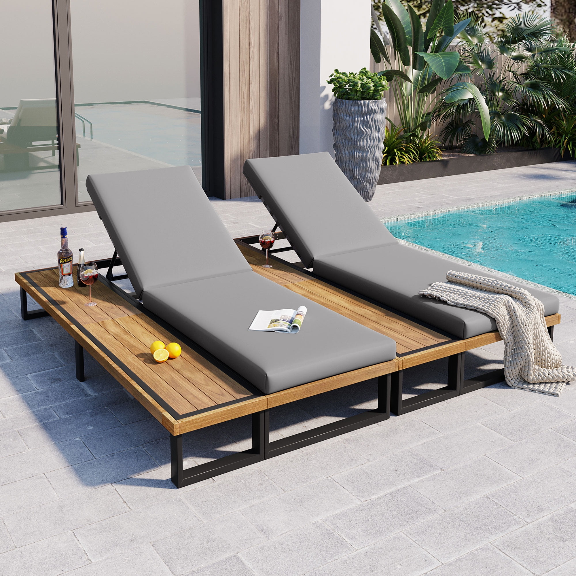 Outdoor Chaise Lounge Chair Set of 2, Pool Lounge Chair with 5-Position ...